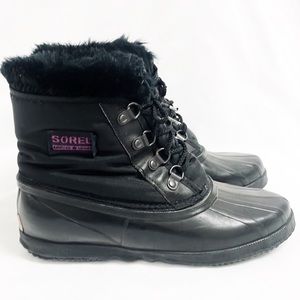 SOREL Black Kaufman Boots Insulated Waterproof Lace Up With Fur Trim Size 7